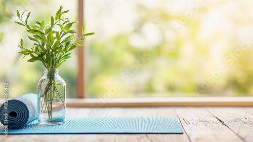 A rolled-up blue yoga mat and a glass vase with green plant branches are placed on a wooden table in front of a window, illuminated by soft sunlight.
