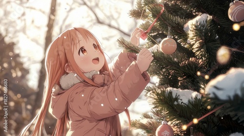 A young girl with long, light brown hair is decorating a Christmas tree in a snowy outdoor setting. She is wearing a pink puffer jacket and has a joyful express