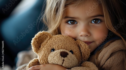 A close-up portrait of a young girl with blonde hair and brown eyes, holding a brown teddy bear. She is wearing a knitted sweater and appears to be indoors with