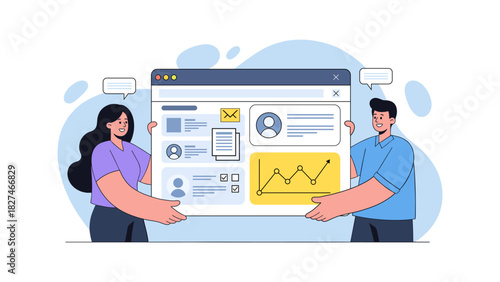 Team Collaboration Concept with Digital Dashboard Interface. Flat Vector Illustration.