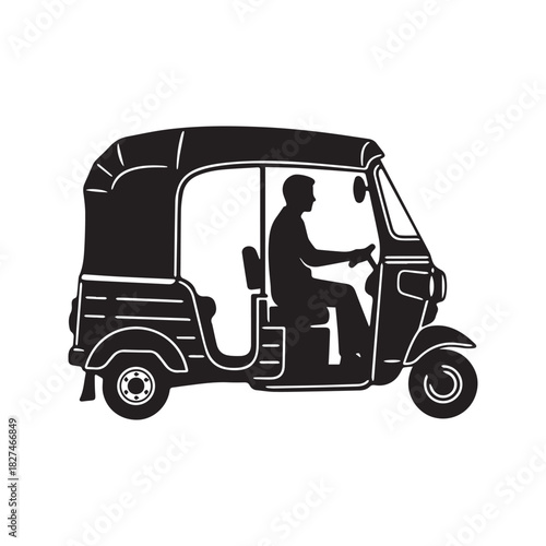 Auto Rickshaw Silhouette Vector Illustration with Driver. Side View of Traditional Asian Tuk Tuk Taxi Transport.
