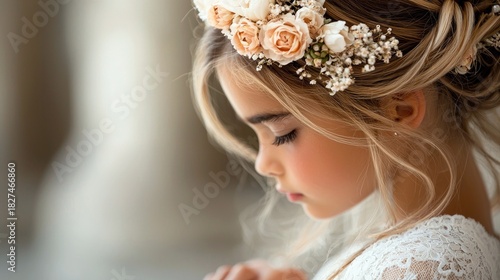 Close-up portrait of a young girl with blonde hair, wearing a delicate flower crown and a white lace dress. She is looking down with a thoughtful expression. So