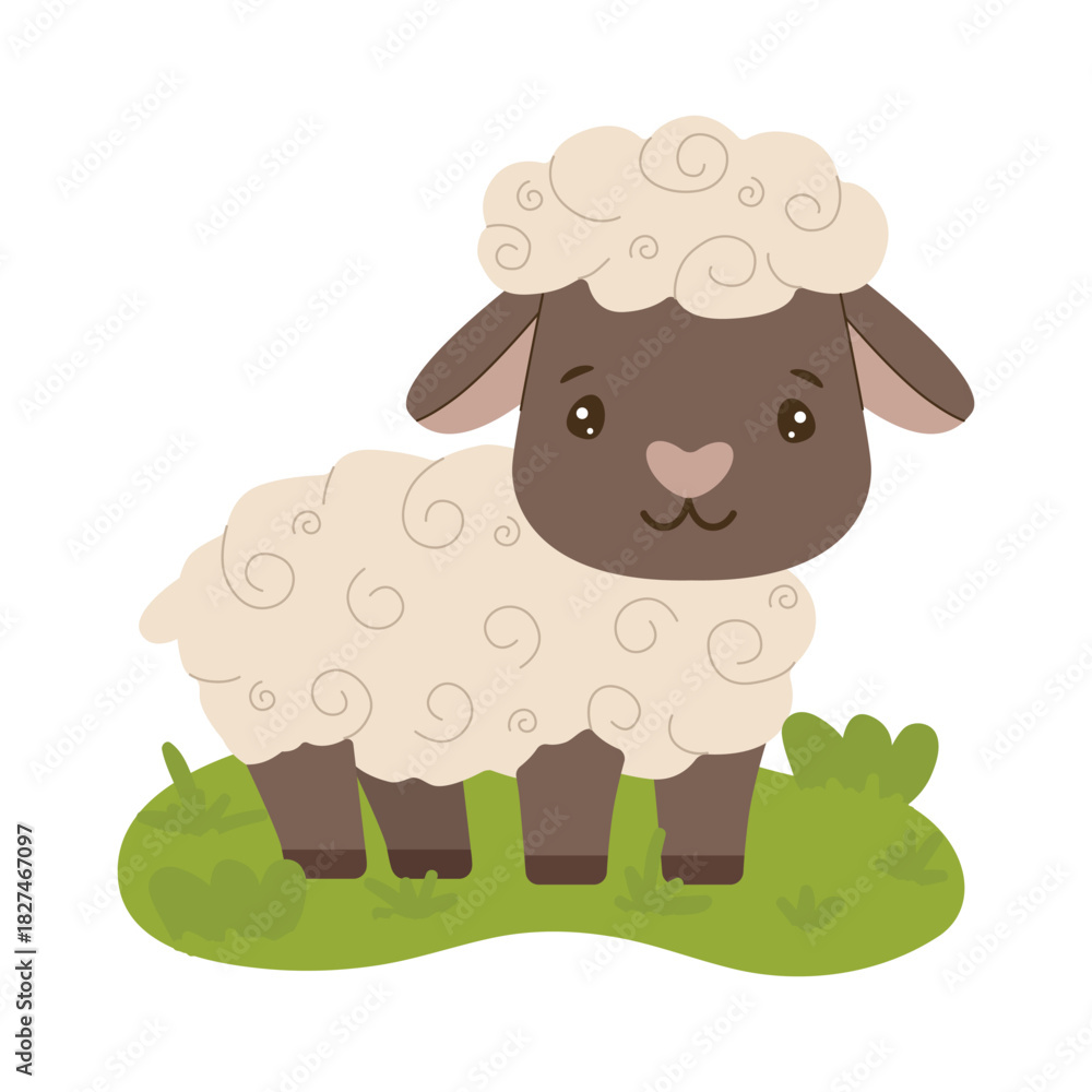 Obraz premium Adorable vector illustration of a cartoon sheep standing on green grass. The sheep has a curly woolly coat and a friendly expression, capturing a cheerful and playful mood.