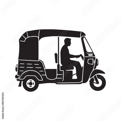 Auto Rickshaw Silhouette Vector Illustration with Driver. Side View of Traditional Asian Tuk Tuk Taxi Transport.
