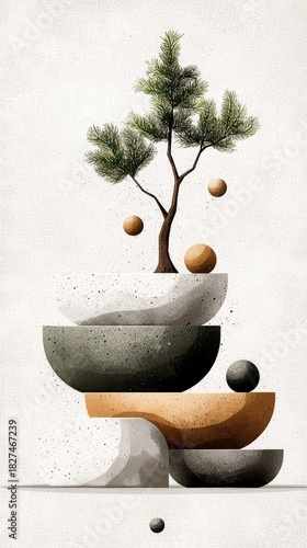 A minimalist abstract artwork featuring a small pine tree sculpture balanced on stacked bowls and geometric shapes, with spheres of various sizes floating aroun
