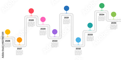 Creative Business Roadmap Presentation Template. 10 Steps Journey Infographic. Vector illustration.