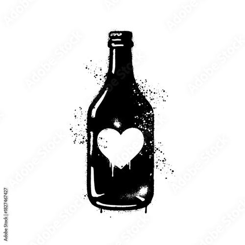 Grunge style spray paint stencil of a glass bottle icon silhouette with a heart in the center
