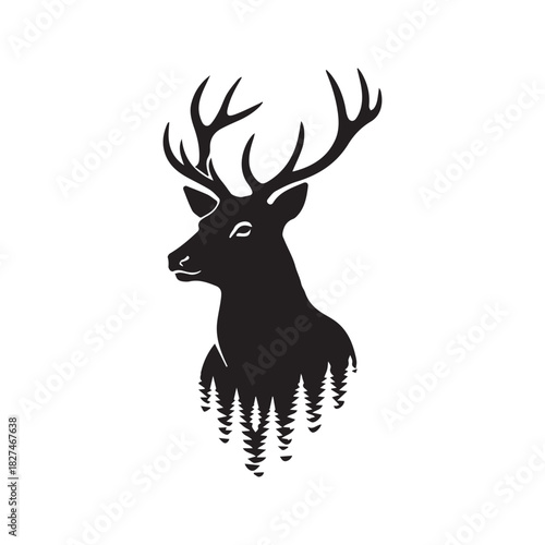 Deer Head Silhouette with Pine Forest Double Exposure Vector Illustration
