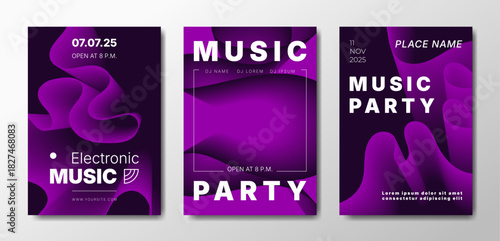 Three abstract music posters in dark purple colors.