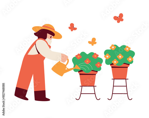 Illustration of a person watering flowers in a planter