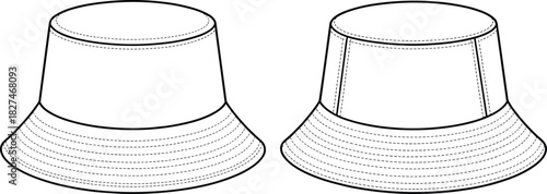 Bucket hat drawing, fashion design sketch, apparel vector, clothing template, garment illustration, casual headwear, stitched brim, panel crown, accessory design, fashion outline