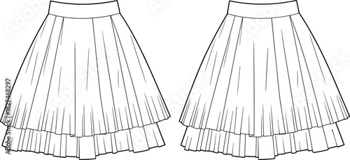 cad drawing flat vector illustration, layered skirt sketch, flared silhouette, waistband design, pleated texture, fashion template, garment construction
