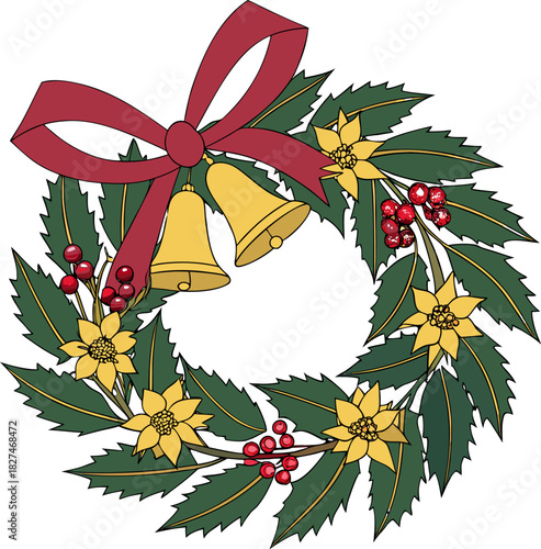 Stylized Christmas wreath adorned with a red bow, golden bells, and berries, perfect for festive holiday decoration.
