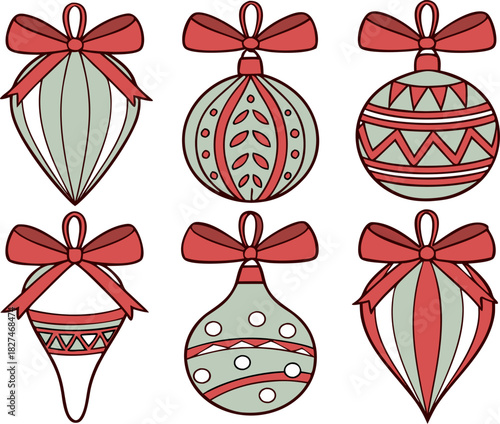 Hand-drawn watercolor set of adorable Christmas balloons and red bows, isolated, perfect for holiday cards, invitations, and prints.