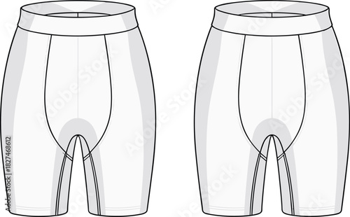 CAD drawing flat vector illustration of cycling shorts front view, padded crotch, seam lines, shaded panels, sportswear design