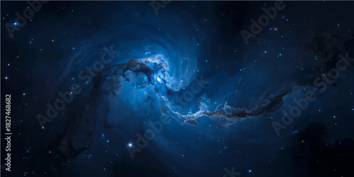 Abstract bright blue fantasy illustration of a man standing under a deep dark starry night sky with a spiral galaxy nebula and planet in the cosmos