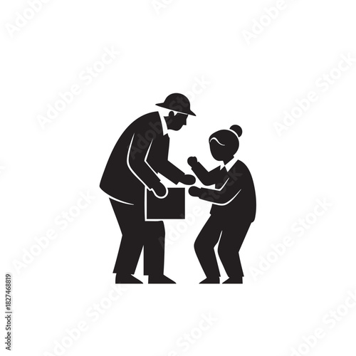 Old man giving gift box to child flat design concept of donation, assistance and help to small kids with present, surprise, or toy, black and white icon illustration vector silhouette