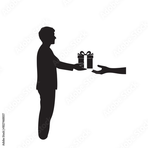 Man giving gift box to another person hands simple isolated silhouette icon vector design, expressing generosity, celebration, and exchange of presents