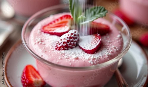 Close up of strawberry mousse in a glass bowl with mint garnish and sliced fruit 4k  video