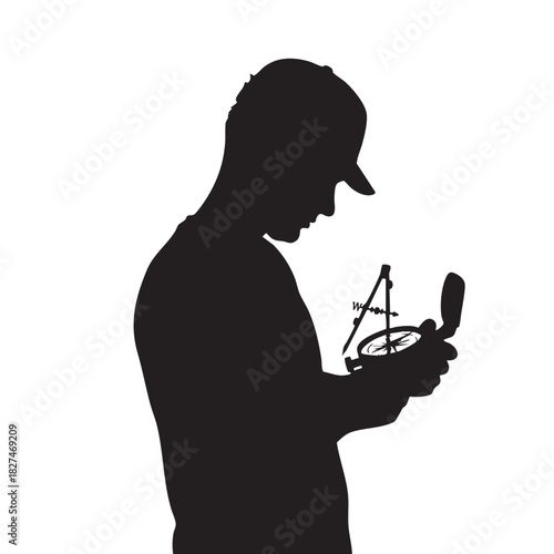 Man with compass vector silhouette illustration outdoor navigation exploring directions