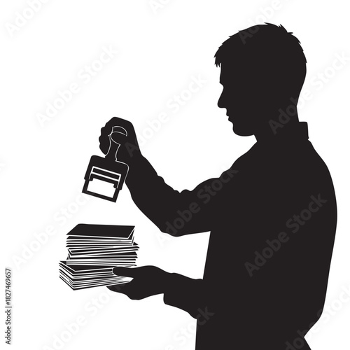 Silhouette profile man stamping stack documents administrative task official approval paperwork process black white vector illustration
