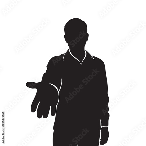 Man offering hand silhouette vector. Male entrepreneur extending hand to shake. Gentleman reaching out to offer help. Person gesturing for assistance or greeting. Isolated graphic on white background.