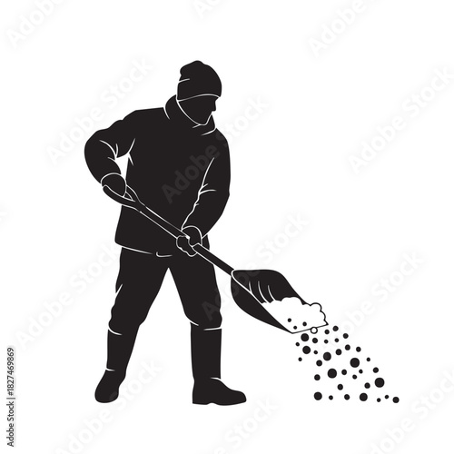 Man shoveling snow vector silhouette. Person removing snow with a shovel. Worker clearing snowy path. Winter activity graphic. Manual labor in cold weather. Isolated illustration on white backdrop.