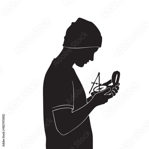 Man looking at compass silhouette vector. Person navigating with a compass. Explorer using directional tool. Traveler finding way. Outdoor adventure graphic. Isolated on white background.