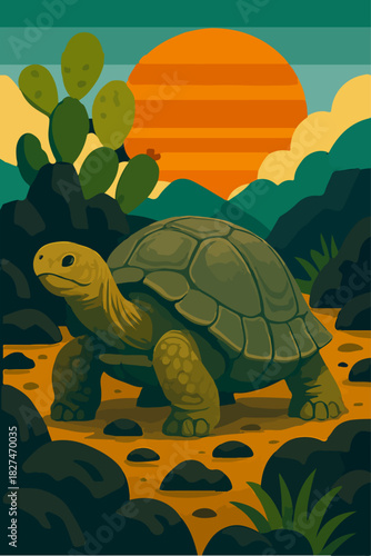 Giant Land Turtle Walking Through Desert Oasis Wildlife Illustration