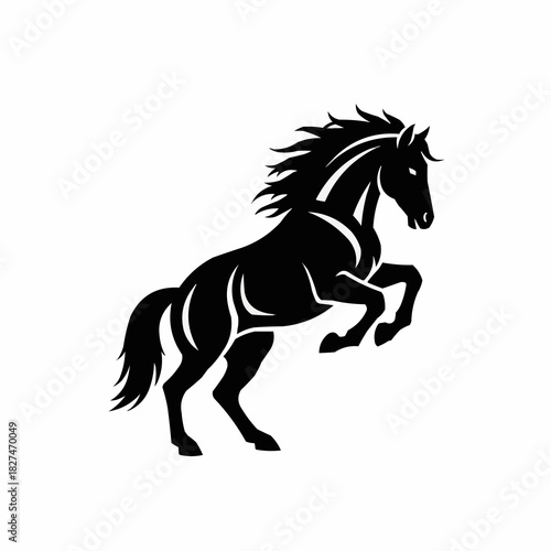 Majestic Black Horse Rearing Up on White Background.
