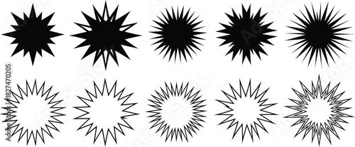 Set of Black Starburst and Spiky Star Shapes on White Background jagged sharp