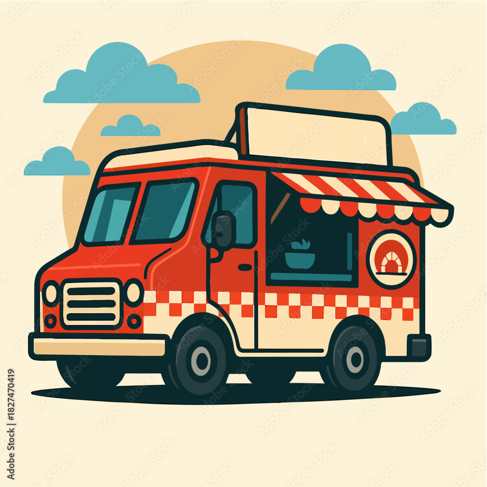 Obraz premium Vintage Food Truck Street Snack Vendor Flat Vector Illustration