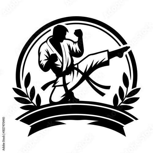 Karate Athlete Silhouette in Action with Laurel Wreath and Ribbon.