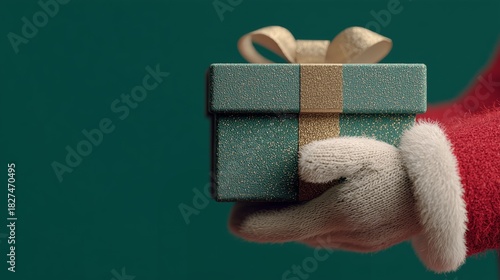 Santa's gloved hand gently presents a festive, glittery gift box wrapped in gold ribbon, set against a teal background.