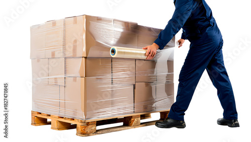 Worker in blue uniform wrapping cardboard boxes on wooden pallet with stretch film isolated on transparent background