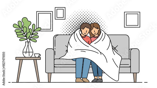 Couple relaxing under cozy blanket on sofa, enjoying quality time together at home, creating a warm and inviting atmosphere of comfort and connection