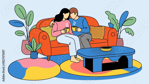 Relaxing moment: Couple embraces on a vibrant sofa, enjoying coffee amidst lush plants, showcasing cozy home life and shared joy, a vector style illustration