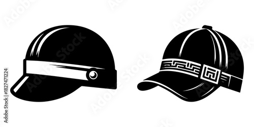 Two stylish black caps with visors and decorative elements.