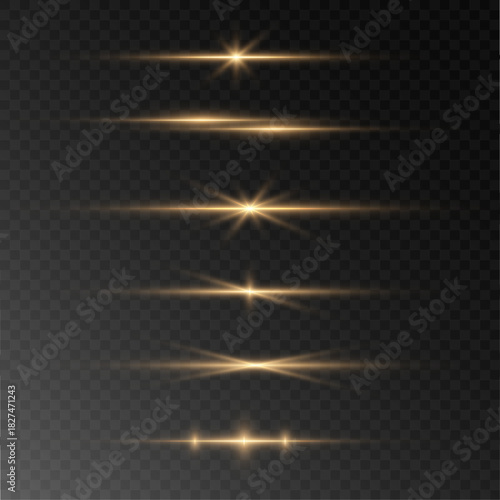 Golden glowing laser line forms a radiant horizontal flash with delicate glitter shimmer. Smooth illuminated motion creates a festive brilliant effect.