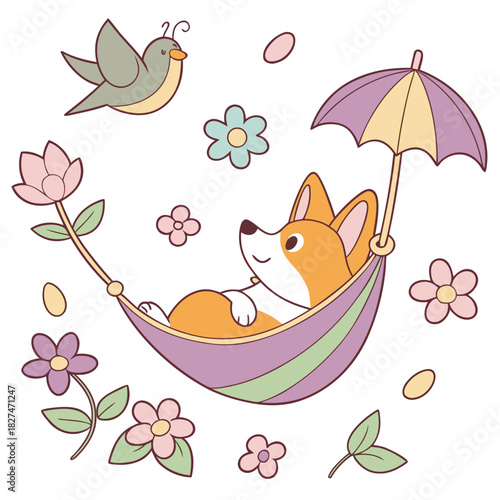 Delightful Shy Corgi in a Spring scene with in a hammock – Blooming Renewal vector illustration