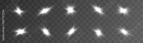 Sparkling star emits bright glowing rays with soft flare waves and subtle shimmering particles. Clean white brilliance creates a crisp radiant highlight. Vector star light effect isolated on a transpa