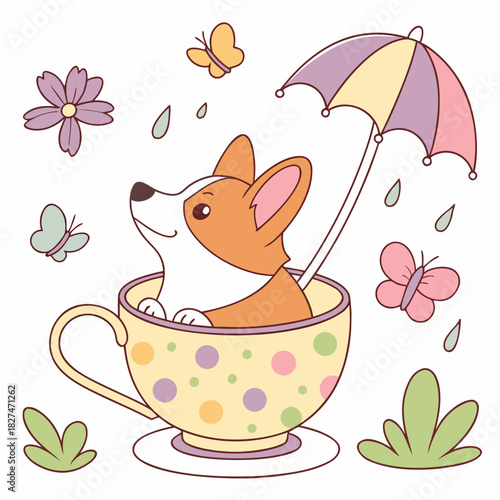 Funny Corgi with in a teacup, set in a charming Spring theme – Blooming Renewal color vector art