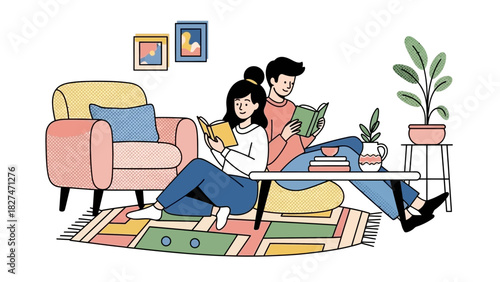 Cozy couple reading books at home, enjoying peaceful time together in a stylish living room, perfect for promoting relaxation and the joy of reading