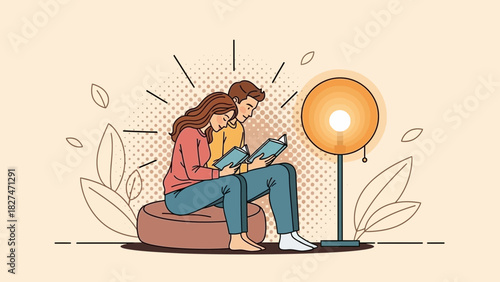 Couple enjoying reading together in cozy home setting, perfect for lifestyle blogs or book clubs, promoting relaxation and connection through literature