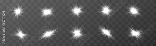 White glowing star spark forms smooth radiant beams with bright shimmering intensity and delicate spark particles. Luminous shine enhances clarity and brilliance. Vector star flare isolated on a trans