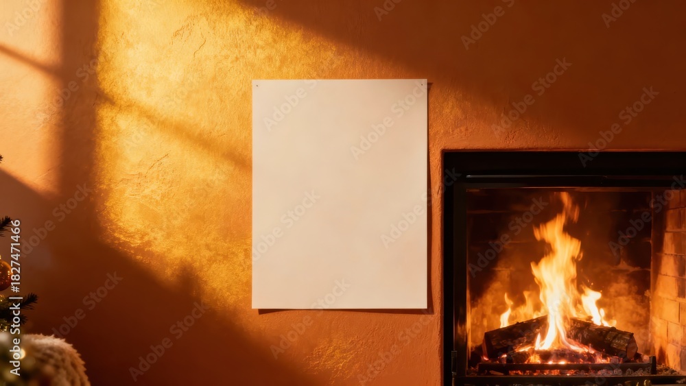 Fototapeta premium Blank canvas near a cozy fireplace with warm lighting.