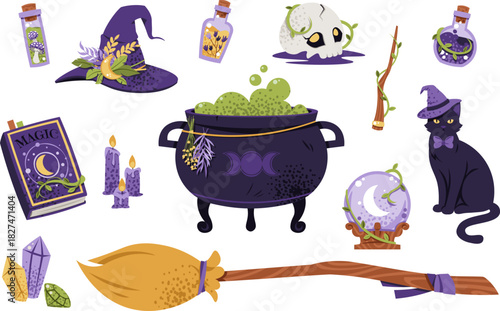 Witchcraft Magic Elements Flat Illustration Set. Cauldron, Hat, Spellbook, Crystal Ball, Broom and Black Cat. Isolated on White Background for Stickers, Halloween Poster Design, Print and Digital Use