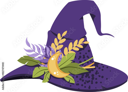 Witch Hat with Botanical Leaves Flat Vector Illustration Isolated on White. Magic Ritual Item for Halloween Stickers, Party Decor, Spell Book Designs, and Mystic Branding. Traditional witch clothing