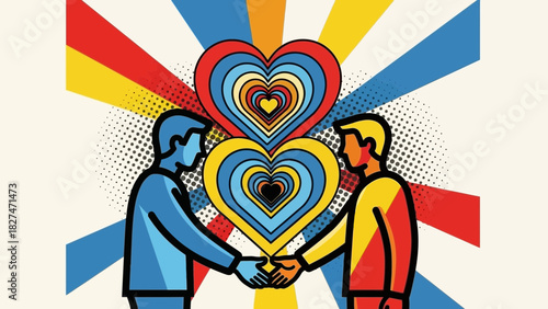 Vibrant partnership handshake with radiating hearts expresses unity, teamwork, and collaboration, ideal for professional ventures or community projects