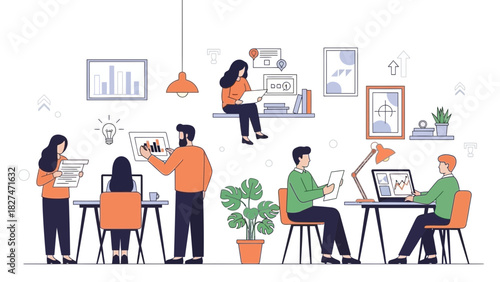 Dynamic team collaborating in modern workspace, analyzing charts, data, and reports for successful project outcomes, driving innovation and growth